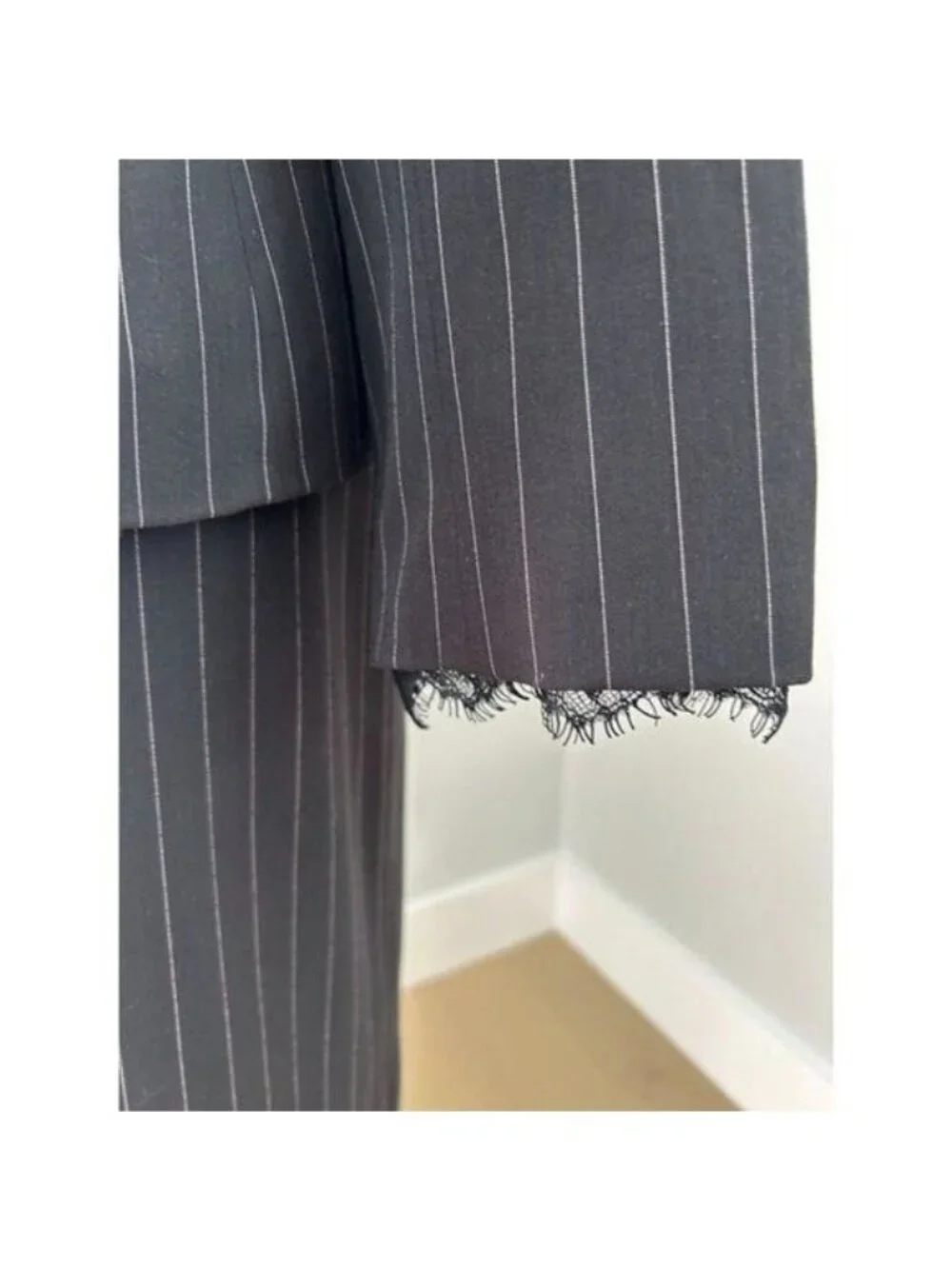 Kasper Petite 2-Piece Skirt Suit - Black & Pink Stripe with Lace Size 12P